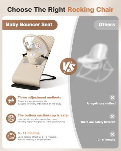 Feeplas Baby Bouncer, Bouncer Seat for Babies 0-12 Months, Ergonomic Rocking Chair with Detachable Hanging Bar, 3-Height Adjustments, Foldable & Portable Infant Rocker, Machine Washable Fabric, Beige