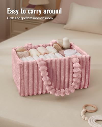 Blissful Diary Flannel Diaper Caddy Organizer, included Gift Packaging, Cozy Nursery Storage Basket, Gift for Baby Shower, Newborn Essentials, Blush Pink