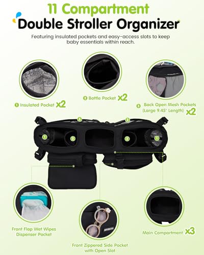 Double Stroller Organizer with 11 Compartment for Bob Duallie, Baby Jogger City Mini GT2, Double Jogging Stroller Caddy, Jeep, Zoe Stroller Accessories with 2 Insulated Pocket, Parent Console