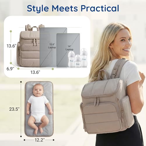 mommore Diaper Bag Backpack, Baby Bag with Waterproof Changing Pad and Stroller Straps for Toddler, Diaper Backpack for Mom Dads with Insulated Pockets & Pacifier Case, Baby Essential, Brown