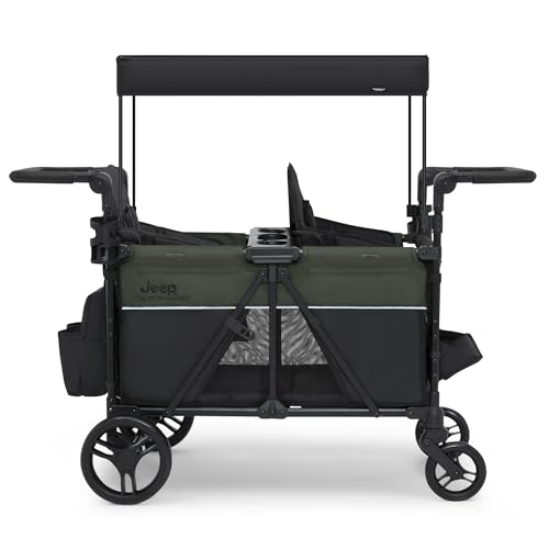 Jeep Aries Stroller Wagon by Delta Children Premium Wagon for 2 Kids with Convertible Seats, Adjustable Push/Pull Handles, Removable Canopy & Flat Fold - Greenguard Gold Certified, Black/Green