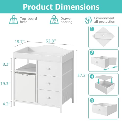 BOLUO White Changing Table with 3 Fabric Drawers and Laundry Hamper, Baby Dresser with Changing Table Top, Nursery Diaper Changing Station with Storage Modern