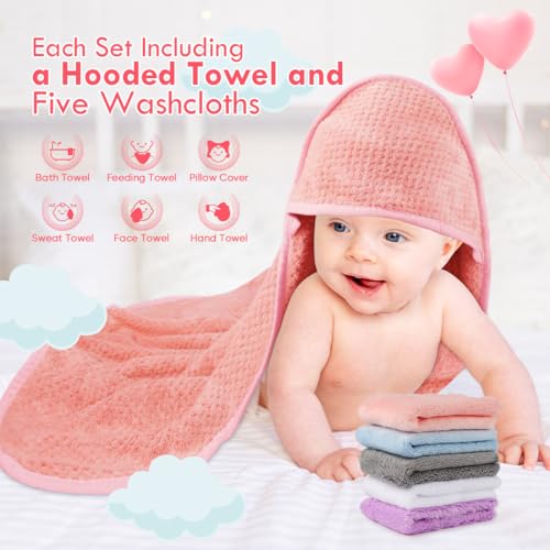 Orighty Baby Hooded Towel with Five Washcloths, 28 x 28 Inch Super Soft Bath Towel with Hood for Babies, Infant, Newborn Essential - Ideal Baby Stuff Registry for Boys and Girls (Pink)