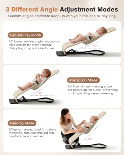 Feeplas Baby Bouncer, Bouncer Seat for Babies 0-12 Months, Ergonomic Rocking Chair with Detachable Hanging Bar, 3-Height Adjustments, Foldable & Portable Infant Rocker, Machine Washable Fabric, Beige
