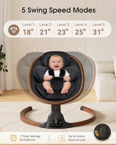 Baby Swings for Infants, Electric Infant Swing with 5 Speed Modes, 5-Point Harness, 3 Timer Settings, Built-in Songs & Bluetooth, Portable Modern Swing for Indoor & Outdoor (Black)