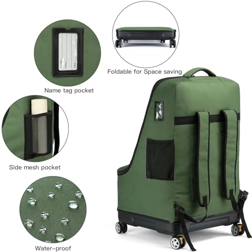 TUGUAN Car Seat Travel Bag for Airplane with Spinner Wheels, Infant Car Seat Bags for Air Travel with Hard Bottom, Padded Car Seat Backpack, Large Car Seat Storage Bag Airport Check, Green