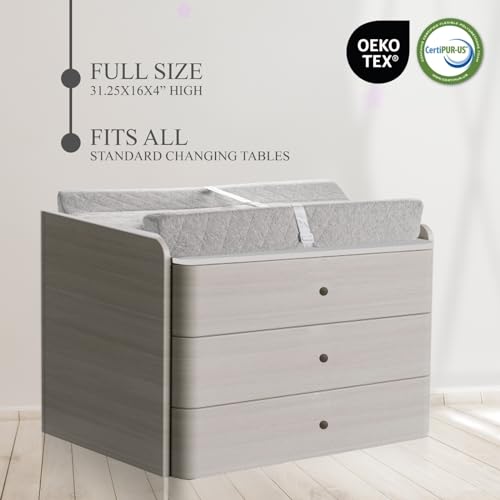 Organic Cotton Covered Contoured Baby Changing Pad | Waterproof Foam Mattress, Soft, Removable & Washable Cover, Safety Strap, Non-Slip Bottom, Topper for Standard Size Infant Diaper Table & Dresser