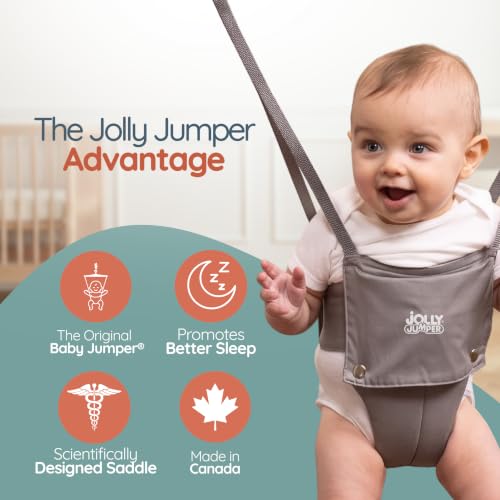 Jolly Jumper Elite (Grey) Baby Exerciser - Sturdy Frame, 6 ft Tall Stand Baby Jumper, Indoor and Outdoor Exercise Saddle Seat, Adjustable Height, for Infants up to 28 lbs