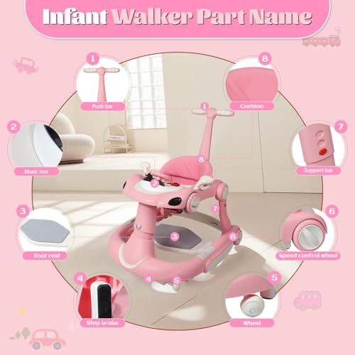 Baby Walker, 4-in-1 Baby Walker with Wheels Portable, Foldable Infant Toddler Walker for Boys Girls 6-18 Month,Removable Footrest,Car Steering Wheel & Music, Adjustable Push Walker Pink