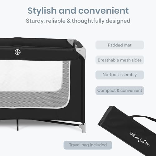 Dream On Me Zodiak Baby Playard, Breathable Mesh Sides, Soft Comfortable Mattress, Quick & Easy to Fold with Travel Carry Bag, Compact Space Saving Design - Black