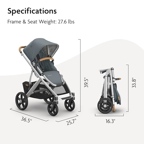 UPPAbaby Vista V3 Stroller - Full-Size Single-to-Double Stroller System - Toddler Seat, Bug Shield, Rain Shield, and Storage Bag Included - Callum (Stone Blue/Silver Frame/Sand Leather)