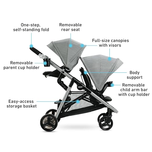 Graco Ready2Grow LX 2.0 Double Stroller, Twin Baby Stroller Features Bench Seat and Standing Platform Options, Compact Fold Perfect for Baby Travel, Clark