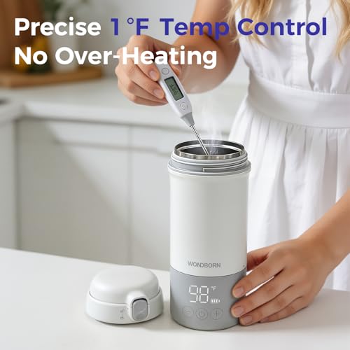 WONDBORN Portable Bottle Warmer for Travel, Dishwasher Safe, 3X Faster & Even Heating, 8 Feeds per Charge, 17oz, 1℉ Precise Adjust, Thaw, Keep Warm, Use While Charging, for Breastmilk & Formula