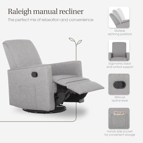 Evolur Raleigh Upholstered Manual Glider Recliner– Rocking & 360° Swivel with Smooth Glide – Greenguard Gold & FSC Certified – Modern Nursery and Living Room Chair in Light Grey