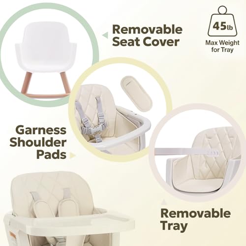 Mallify 3-in-1 Wooden High Chair, Convertible High Chairs for Babies and Toddlers, Baby Highchair with Adjustable Legs & Dishwasher-Safe Tray, Sleek Hardwood & Premium PU Cushion, Beige