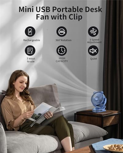 GOTOTO Clip on Fan, Rechargeable Portable Fan with 2000mAh Battery Operated, Small Fan with Powerful Clip Design, 3 Wind Speed, 360° Rotation, Ultra-Low Noise Level Personal Fan for Travel
