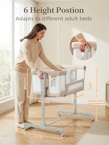 ONTHEWEI Baby Bassinet Bedside Sleeper 3-in-1, Easy Night Feeding with One-Side Fold & Rolling Wheels, Breathable Mesh, 6-Height Adjustable, Soft Mattress for Newborns
