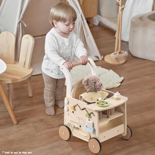 ROBOTIME Wooden Baby Walker, Baby Push Walker, Baby Activity Center Toys - Toddler Walking Activity Center Push Toys with Safety Brake, Baby Walker for Motor Skills (Rattan Doll Walker)