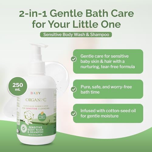 Organyc Baby Shampoo & Body Wash with Skin-Nurturing Cotton Seed Oil, Gentle Kids Body Wash, Naturally Formulated Baby Essentials, 8.5 fl oz
