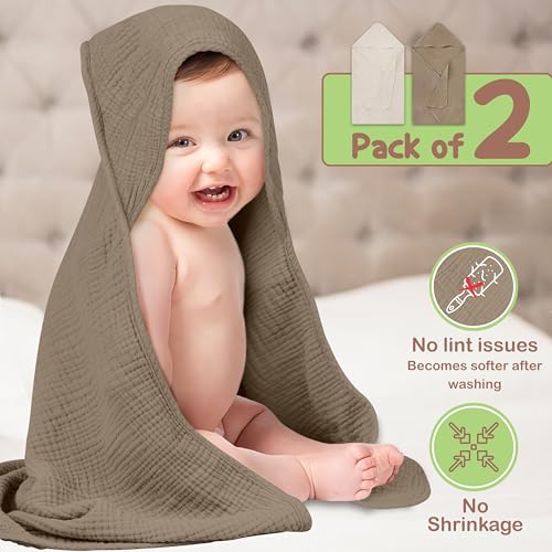 OEKO TEX 100% Organic Cotton 2 PK Muslin Baby Hooded Towel Toddler 32x32 in