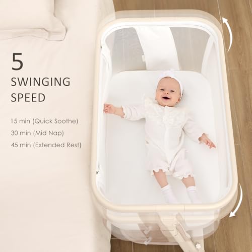 ANGELBLISS Electric Baby Bassinet Bedside Sleeper with Auto Rocking, Remote/Touch Control, 3 Timer Modes, 12 Sounds, 6 Heights, Storage & Wheels (Beige)