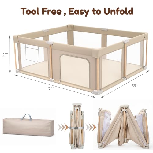 Foldable Baby Playpen with Mat, Foldable Baby Fence Play Yards for Babies and Toddlers, Play Pen with Breathable Mesh and Anti-Fall Pads (71"×59")