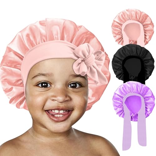 FIRSTPELLA 3 Pcs Baby Hair Bonnet for Sleeping - Kids Silk Satin Bonnets for Girls Curly Hair,Satin Sleep Bonnet for Teens Toddler Child(Pink+Black+Purple)