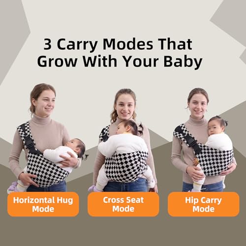 Lujifo Baby Sling Carrier, Premium Cotton Blend Baby Carrier for Toddlers, Adjustable & Breathable Toddler Carrier with Ventilated Straps, Lightweight & Travel-Friendly Design (Ebony Check)