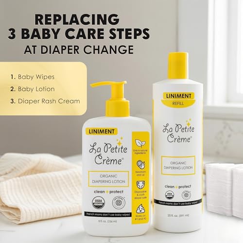 La Petite Creme French Premium Diapering Lotion - Diaper Cream Alternative to Baby Wipes - Moisturizer & Skin Cleanser - USDA Certified Organic Ingredients - Baby Essentials (2 Bottles of 20 oz)