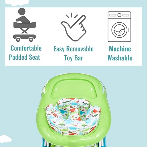 Dream On Me Baby Steps Baby Walker, Infant Activity Walker Three Position Adjustable Height, Removable Tray, Folding Walker for Baby 6-12 Months, Blue and Green