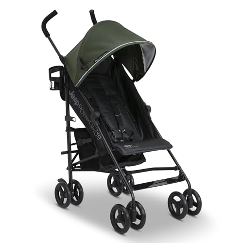 Jeep PowerGlyde Stroller by Delta Children Lightweight Travel Stroller with Smoothest Ride & Compact Fold, 3-Position Recline, Extra Large Storage Basket, Olive Green