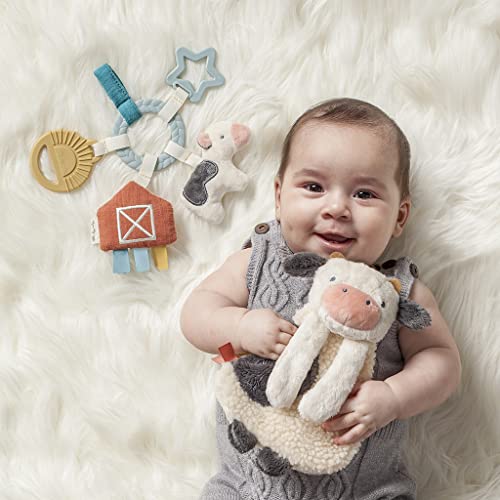 Itzy Ritzy Teething Toy Gift Set - Includes Cow Lovey & Barn-Themed Busy Ring Car Seat and Stroller Toy - Features Crinkle Sounds, Engaging Textures & Silicone Teething Relief (Farm)