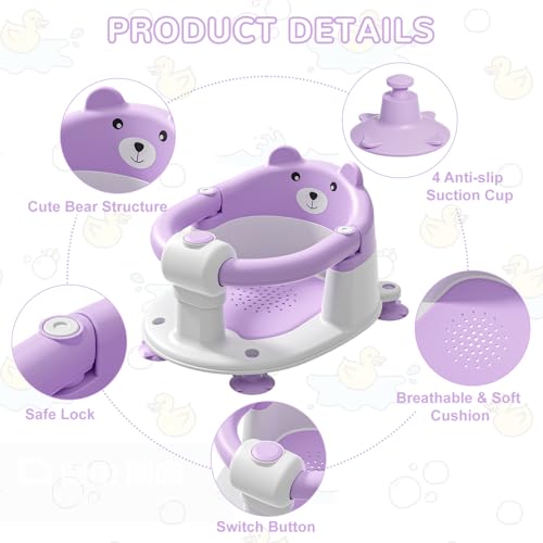 Baby Bath Seat for Babies 5-10 Months, Non-Slip Toddler Bath Seats for Babies Sitting Up, Safe Infant & Newborn Bathtub Chair with 4 Suction Cups & Soft Cushion for Shower,Lavender