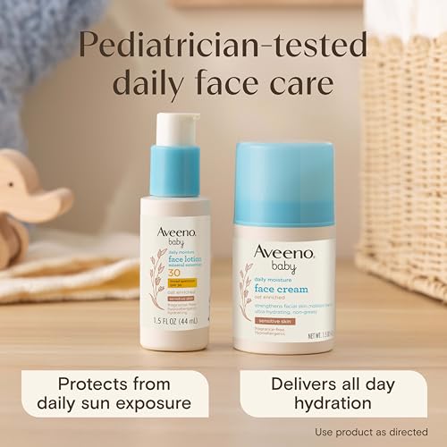Aveeno Baby Daily Moisture Face Cream, Oat Enriched Moisturizing Cream for Babies’ Sensitive Facial Skin, Strengthens Skin’s Moisture Barrier, Ultra-Hydrating, Non-Greasy, Fragrance-Free, 1.5 oz