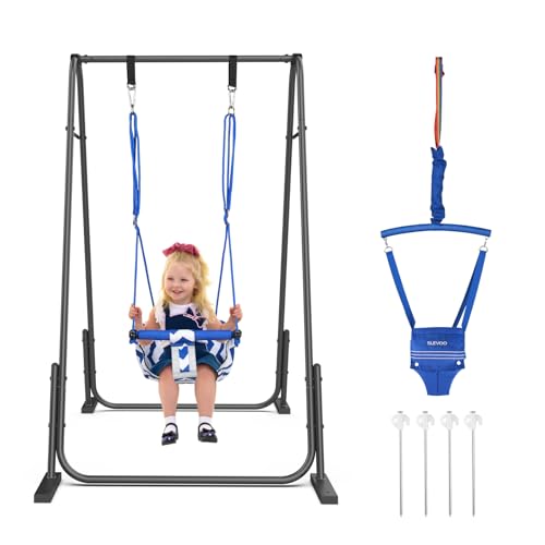 Slevoo 2 in 1 Baby Jumper Swing, Portable Toddler Swing with Foldable Stand, Indoor Outdoor Baby Jumpers and Bouncers, 6 Months to 6 Years, Blue