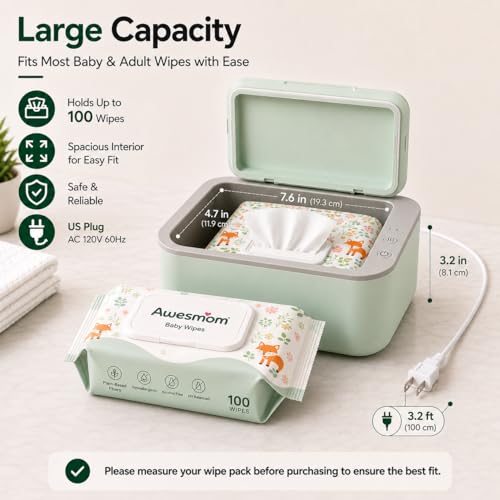 Awesmom Wipe Warmer for Baby & Adult Wipes, Adjustable Temperature, Quiet and Even Heating, Wet Wipes Dispenser, Diaper Wipe Warmer, Green