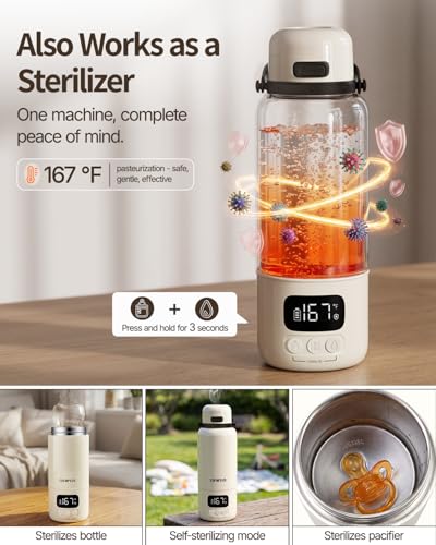 Portable Bottle Warmer for Travel | 3X Faster Heating | 3" Wide Mouth for Easy Cleaning | USB-C & AC Plug-in Power Options | Built-in Sterilizer |Warms Breastmilk & Formula On the Go | 17oz Capacity