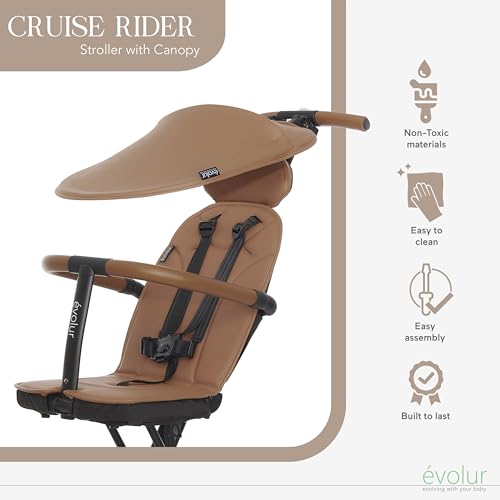 Evolur Cruise Rider Stroller with Canopy, Lightweight Umbrella Stroller with Compact Fold, Easy to Carry Travel Stroller - Cognac