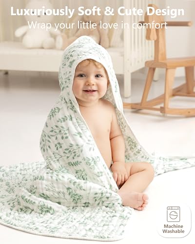 FIEMOL Baby Bath Towels, 100% Muslin Cotton Hooded Baby Towels for Newborn, 2 Pack Baby Towels with Hood for Infant Toddler and Kids, Large 32x32Inch Unisex Bath Essentials, Soft and Absorbent