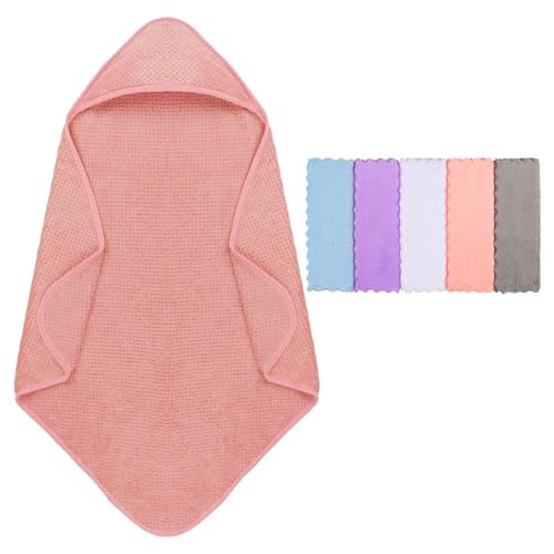 Orighty Baby Hooded Towel with Five Washcloths, 28 x 28 Inch Super Soft Bath Towel with Hood for Babies, Infant, Newborn Essential - Ideal Baby Stuff Registry for Boys and Girls (Pink)