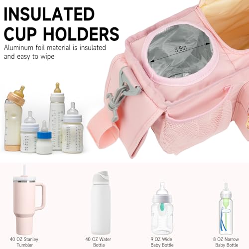 Universal Stroller Organizer with Insulated Cup Holders,Large Capacity Non-Slip Stroller Caddy Bag Fits for Uppababy/Doona/Jogger/Britax/Mompush/BoB with Anti-Sag Hard Bottom and Wet Wipes Pocket