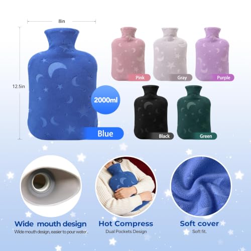 DICEVER Hot Water Bottle with Soft Cover, 2L Hot Water Bag for Menstrual Cramps, Neck and Shoulder Pain Relief, Hot and Cold Therapies, Hand Feet Warmer, Blue