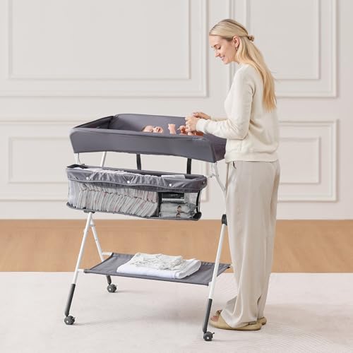 VEVOR Baby Changing Table, Foldable Diaper Change Station with Side Basket, Adjustable Height Changing Table with Lockable Wheels, Multi-Functional Nursery Storage Organizer, Dark Gray