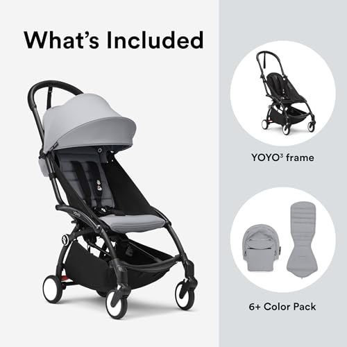 Stokke YOYO3 Stroller from 6 Months - Includes Black Frame/Stone Seat Cushion + Canopy - Folds in & Out in a Flash - Light & Compact - Carry-On Compatible