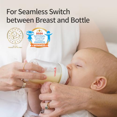 Pigeon Glass Nursing Bottle Wide Neck, Anti-Colic, Streamlined Body, Natural Feel, Easy to Clean, Heat-Resistant, 5.4 Oz (Pack of 2), Includes 2pcs SS Nipples (0m+)