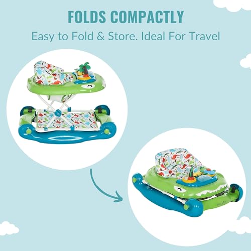 Dream On Me Baby Steps Baby Walker, Infant Activity Walker Three Position Adjustable Height, Removable Tray, Folding Walker for Baby 6-12 Months, Blue and Green