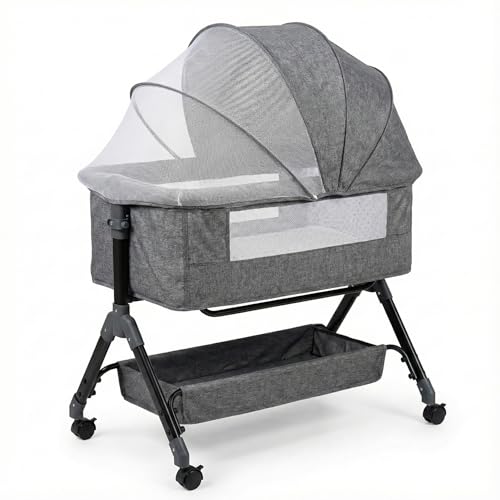 East Elm Baby Bassinet with Rocking Function, Breathable Mesh Sides, Portable Bassinet with Wheels & Storage Basket, Newborn Infant Crib (0–24 Months)