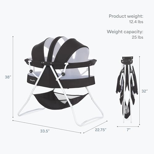 Dream On Me Karley Bassinet, Award Winner Lightweight Travel Baby Bassinet, Foldable Bedside Sleeper, Adjustable Double Canopy, Spacious Design, Soft Fabric, Storage Basket – Black