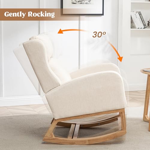 HCHAIRH Rocking Chair Nursery, Nursing Rocking Chairs for Mom Nursery, Comfy Wingback Glider Rocking Armchair with Foot Rest and Side Pocket for Nursery Living Room Bedroom, Beige