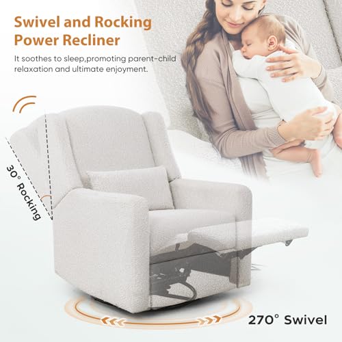 SENYUN Power Recliner Chair Swivel Glider, Large Rocker Recliner w/USB Charging Port, Boucle Upholstered Swivel Rocker Glider Recliner for Nursery,Bedroom,Living Room, 1PC, Cream